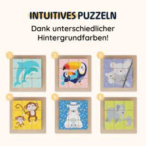 Merle Toys® Bilderwürfel Puzzle aus Holz, Holzpuzzle mit 6 Wildtier-Motiven 3