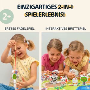 Merle Toys® Fädelspiel auf dem Bauernhof, Montessori Spielzeug für Kinder ab 2 Jahren, Motorikspielzeug aus Holz mit 12 Holzfiguren und Spielbrett 2