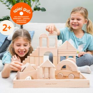 Merle Toys® Holzbausteine ab 2 3 4 Jahren, Bauklötze aus Holz, Montessori Kindergarten Spielzeug, Kreativ-Set aus 46 Bausteinen 4