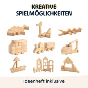 Merle Toys® Holzbausteine ab 2 3 4 Jahren, Bauklötze aus Holz, Montessori Kindergarten Spielzeug, Kreativ-Set aus 46 Bausteinen 7