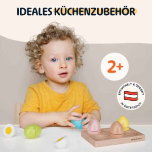 Merle Toys® Kaufladen Zubehör Holz, 6 Bunte Holzeier mit Klettverschluss für Kinder ab 2 3 4 Jahren, Kinderküche Zubehör Holz, Spielküche, Einkaufsladen & Kaufmannsladen Zubehör, Ostergeschenke Kinder 3