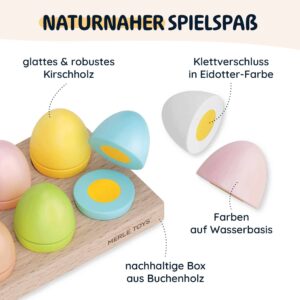 Merle Toys® Kaufladen Zubehör Holz, 6 Bunte Holzeier mit Klettverschluss für Kinder ab 2 3 4 Jahren, Kinderküche Zubehör Holz, Spielküche, Einkaufsladen & Kaufmannsladen Zubehör, Ostergeschenke Kinder 6