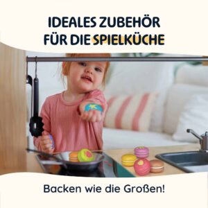 Merle Toys® Kinderküche Zubehör aus Holz, 8 Bunte Macarons mit Klettverschluss für Kinder ab 2 3 4 Jahren, ideal für Spielküche, Kaufladen & Kaufmannsladen 2