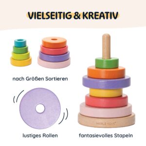 Merle Toys® Stapelturm aus Holz, Motorikspielzeug ab 1 Jahr, Montessori Spielzeug Baby, Babyspielzeug, Holzspielzeug ab 12 Monaten, Baby-Geschenk mit 8 Stapelringen 3