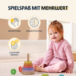 Merle Toys® Stapelturm aus Holz, Motorikspielzeug ab 1 Jahr, Montessori Spielzeug Baby, Babyspielzeug, Holzspielzeug ab 12 Monaten, Baby-Geschenk mit 8 Stapelringen 4