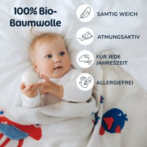 Merle Toys - Gestrickte Babydecke aus 100% Bio-Baumwolle, Kinderwagendecke, Kuscheldecke, Baby Decke 3D Sea World 3