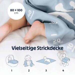 Merle Toys - Gestrickte Babydecke aus 100% Bio-Baumwolle, Kinderwagendecke, Kuscheldecke, Baby Decke Blau 3