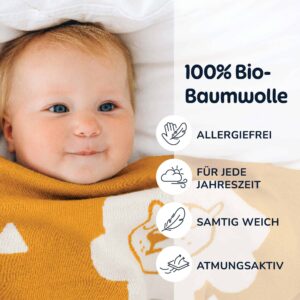 Merle Toys - Gestrickte Babydecke aus 100% Bio-Baumwolle, Kinderwagendecke, Kuscheldecke, Baby Decke Gelb 4