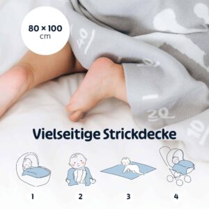 Merle Toys - Gestrickte Babydecke aus 100% Bio-Baumwolle, Kinderwagendecke, Kuscheldecke, Baby Decke Grau 3