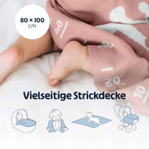 Merle Toys - Gestrickte Babydecke aus 100% Bio-Baumwolle, Kinderwagendecke, Kuscheldecke, Baby Decke Rosa 3